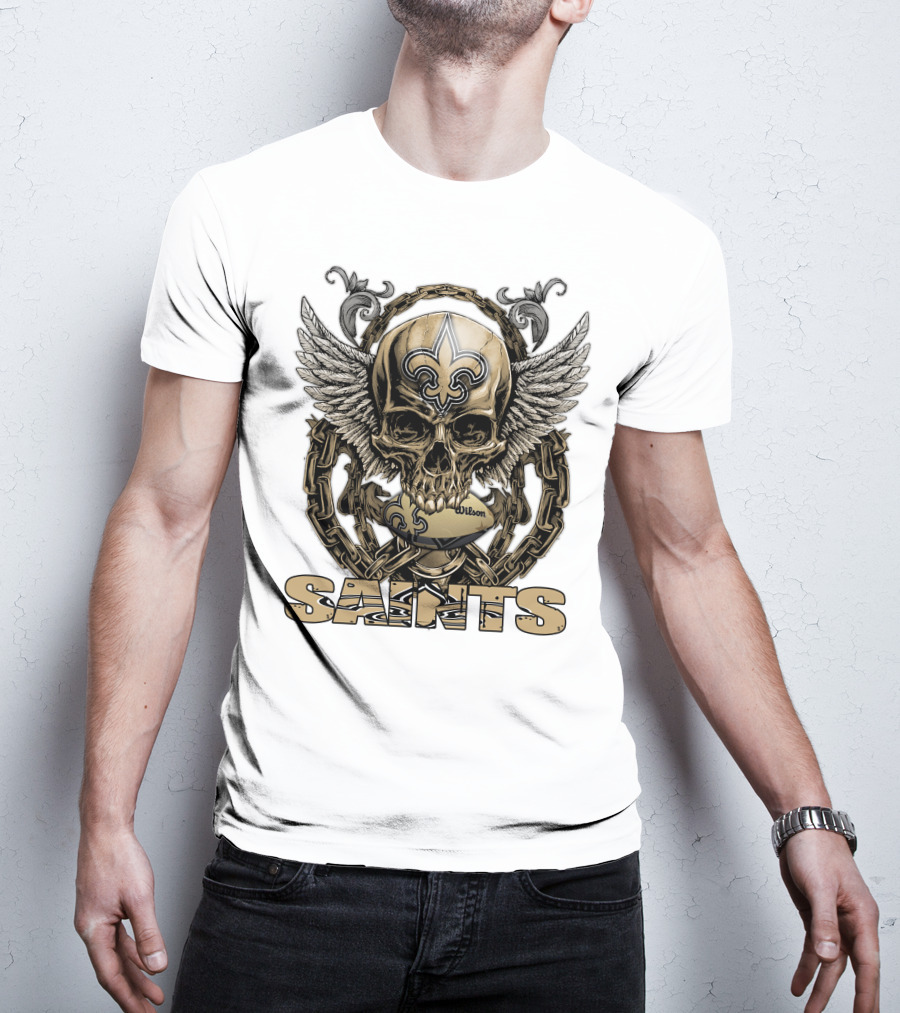 Saints Skullfb Winged Skull With Fleur-de-lis And Chains T-Shirt