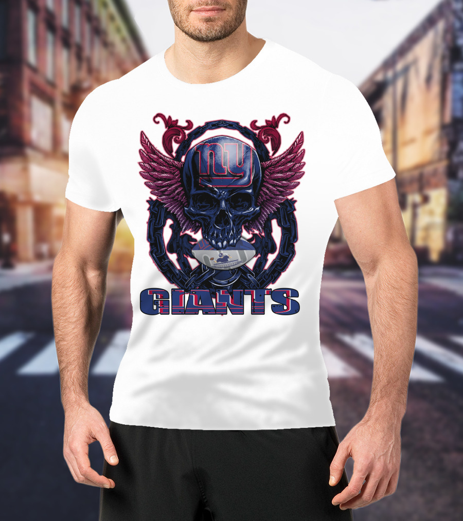 Skullfb New York Giants Winged Skull Design With Football Helmet And Chains T-Shirt