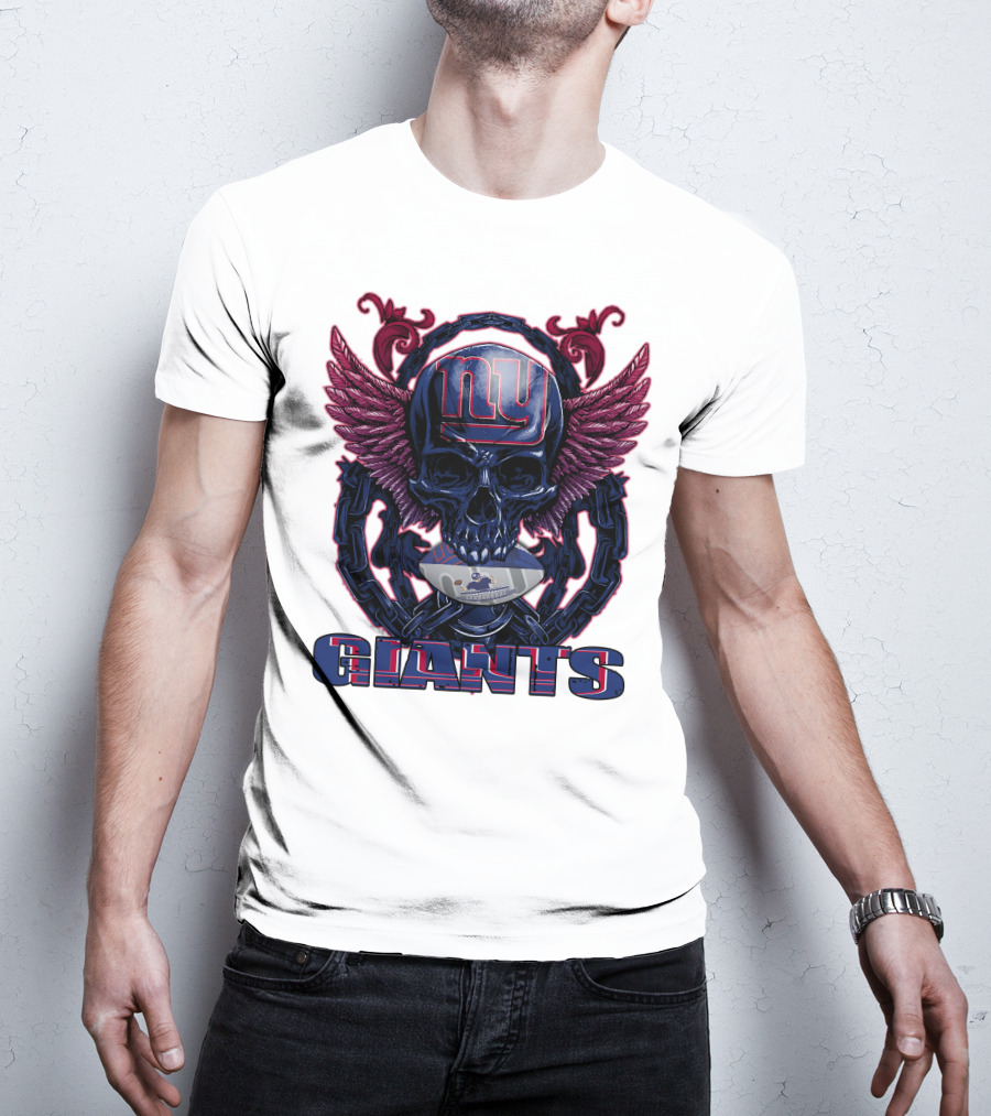 Skullfb New York Giants Winged Skull Design With Football Helmet And Chains T-Shirt