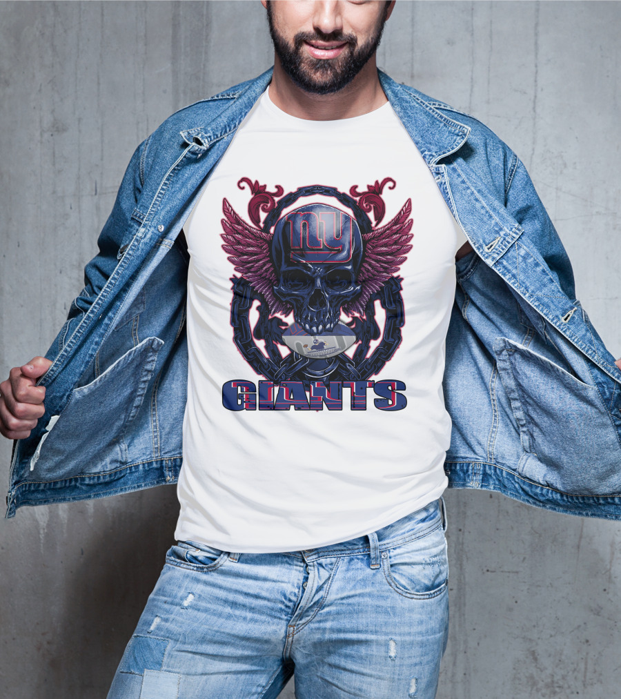 Skullfb New York Giants Winged Skull Design With Football Helmet And Chains T-Shirt