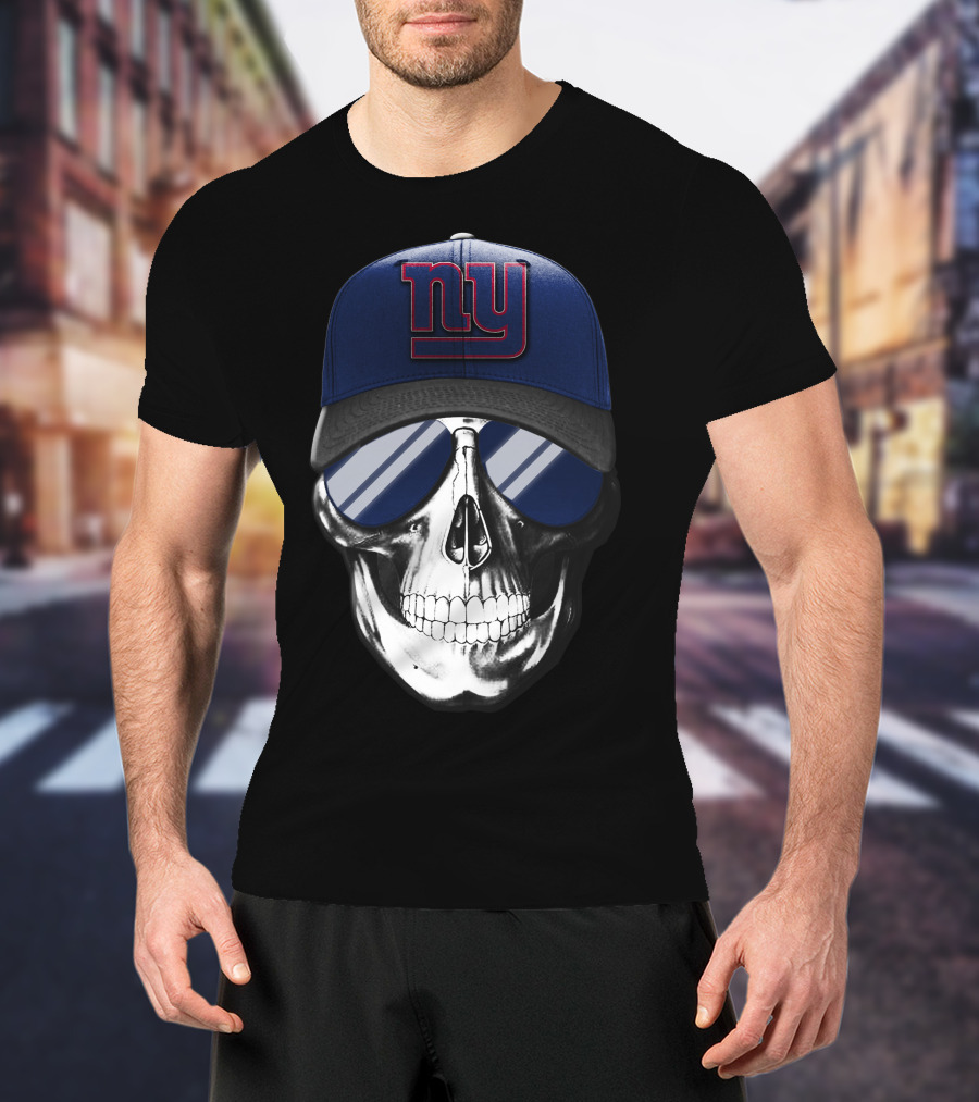 Skull V7 New York Giants Football Fan Cap With Reflective Sunglasses T-Shirt