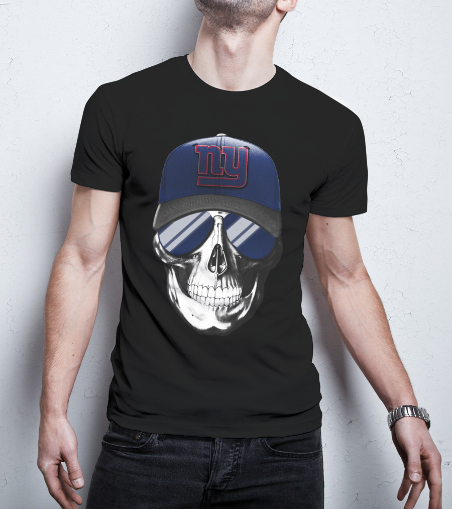 Skull V7 New York Giants Football Fan Cap With Reflective Sunglasses T-Shirt