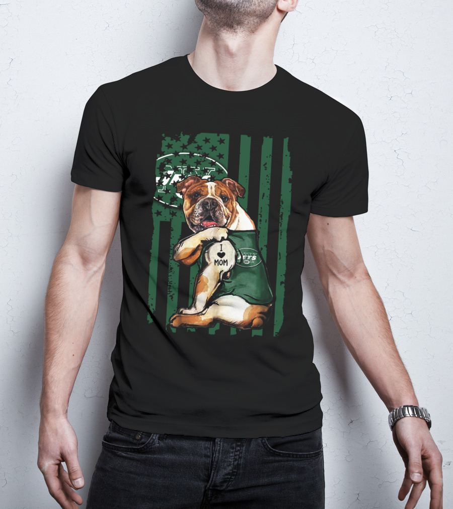 Bulldog In New York Jets Shirt With I Love Mom Tattoo T-Shirt