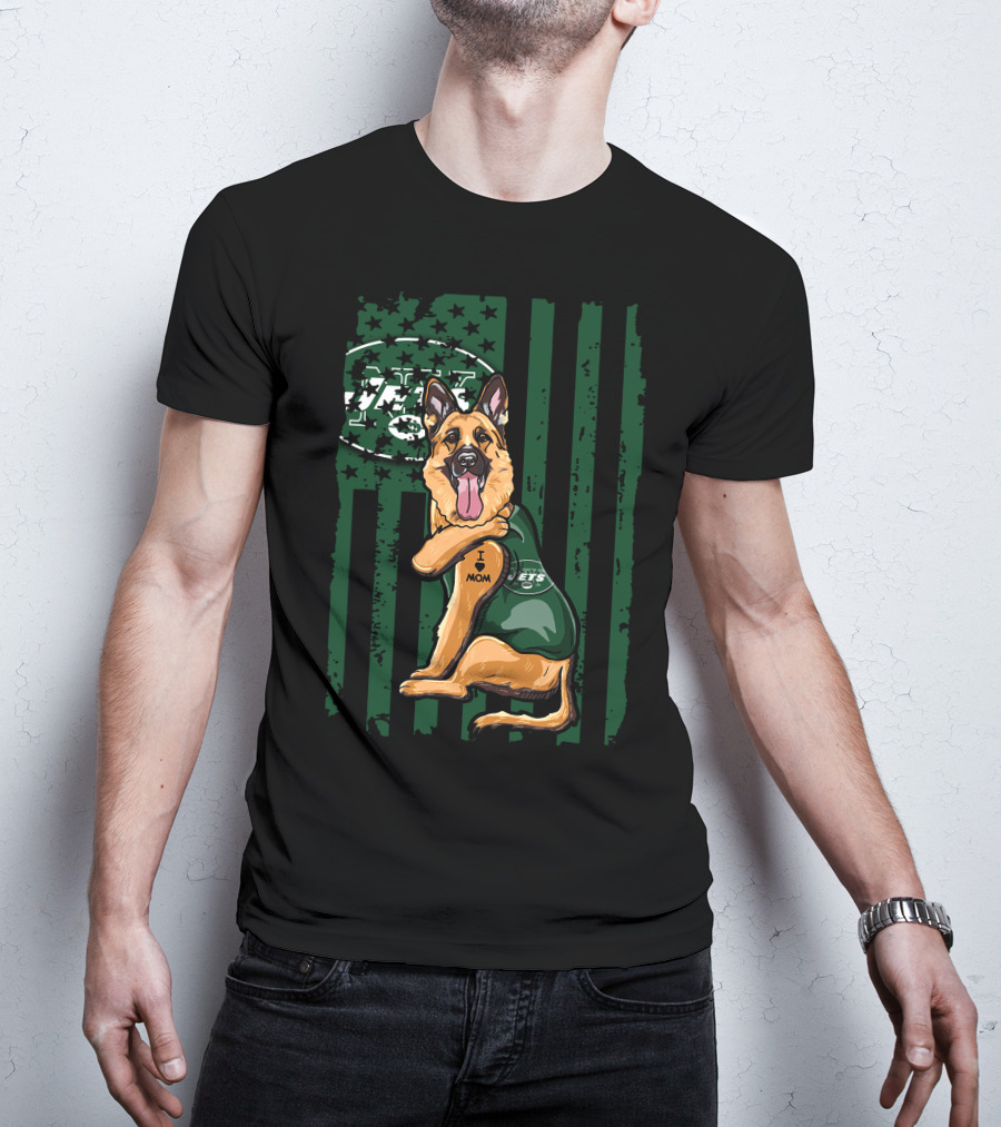German Shepherd I Love Mom New York Jets Fan USA Flag T-Shirt