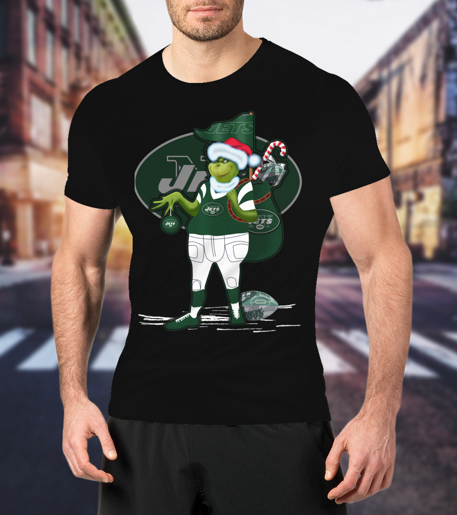 Grinch Christmas New York Jets Football Santa Hat And Sack With Candy Cane T-Shirt