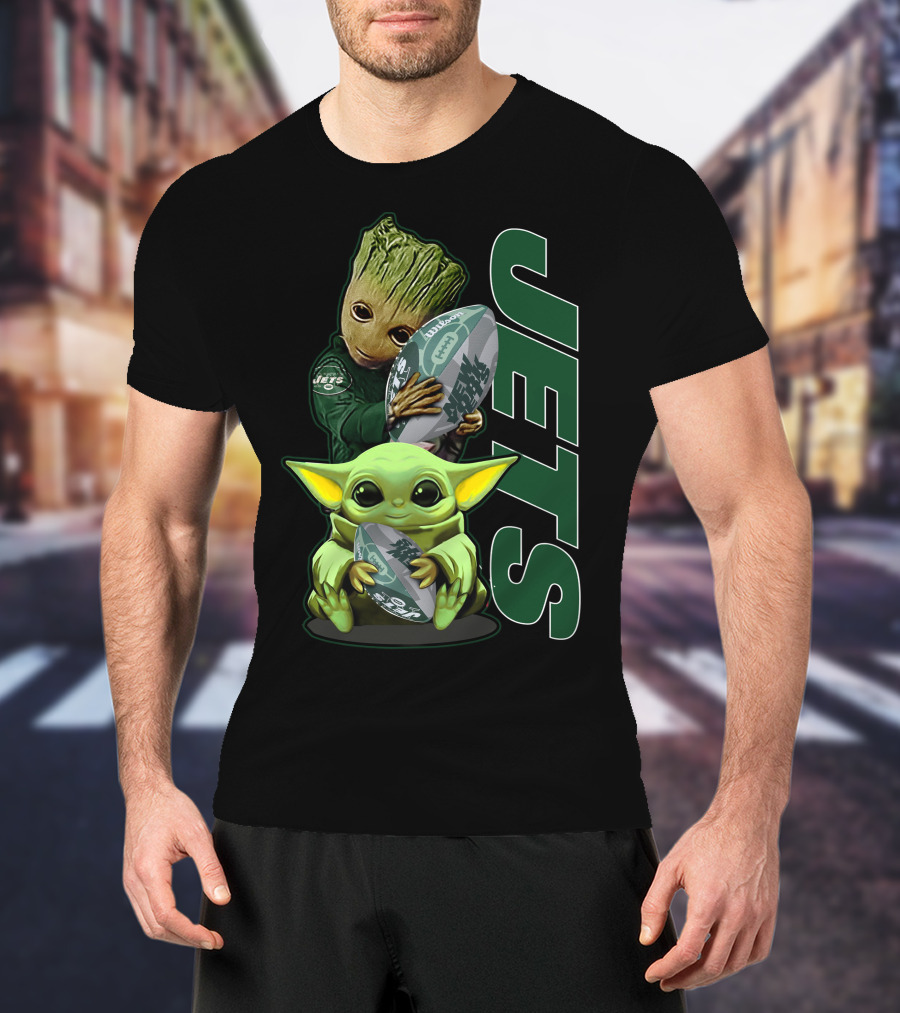 Grzd New York Jets Baby Groot And Baby Yoda With Football T-Shirt