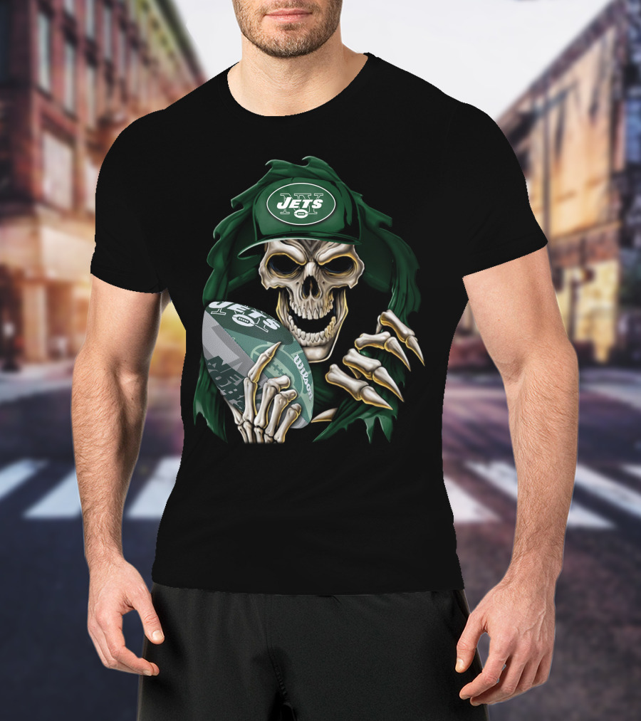 New York Jets Skullbong Skeleton Holding Football T-Shirt