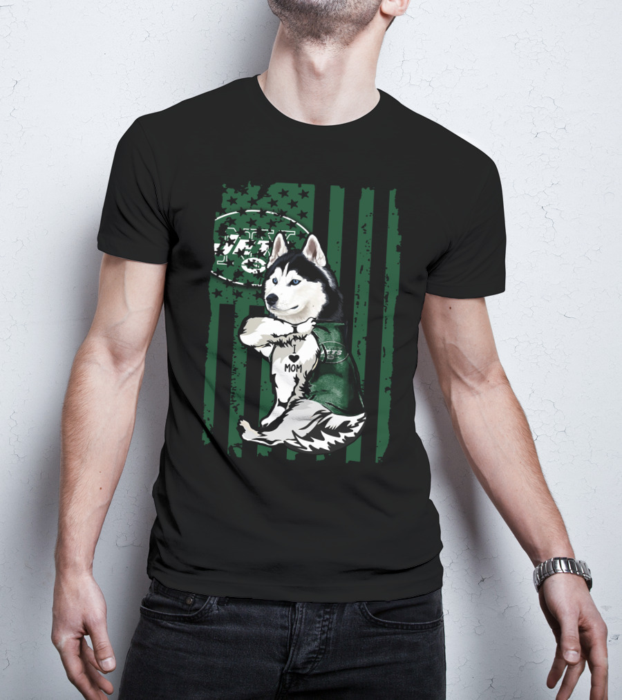 Siberian Husky I Love Mom New York Jets Fan Flag T-Shirt