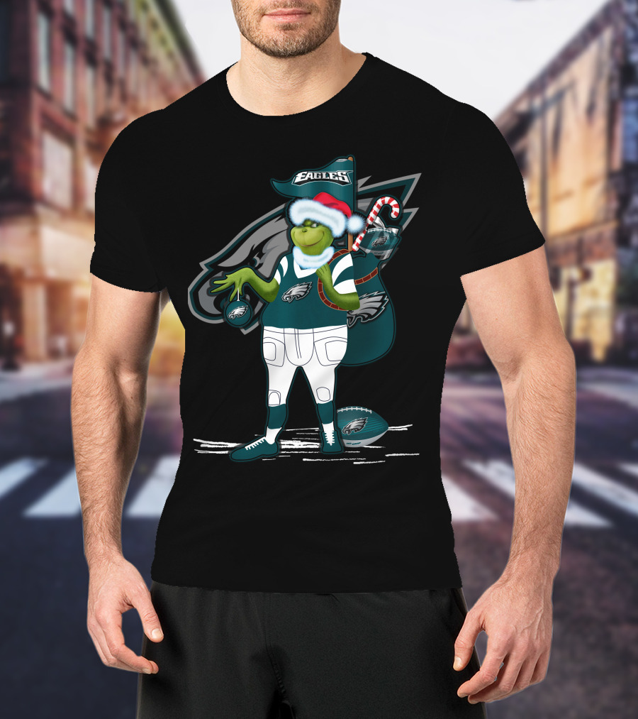 Grinchxmas Philadelphia Eagles Santa Hat Football T-Shirt