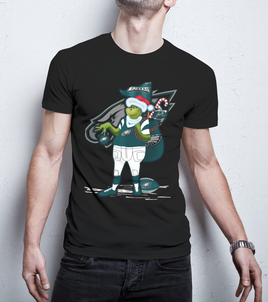 Grinchxmas Philadelphia Eagles Santa Hat Football T-Shirt