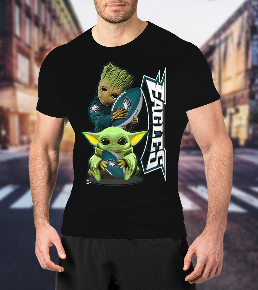Grzd Philadelphia Eagles Groot Baby Yoda Football T-Shirt