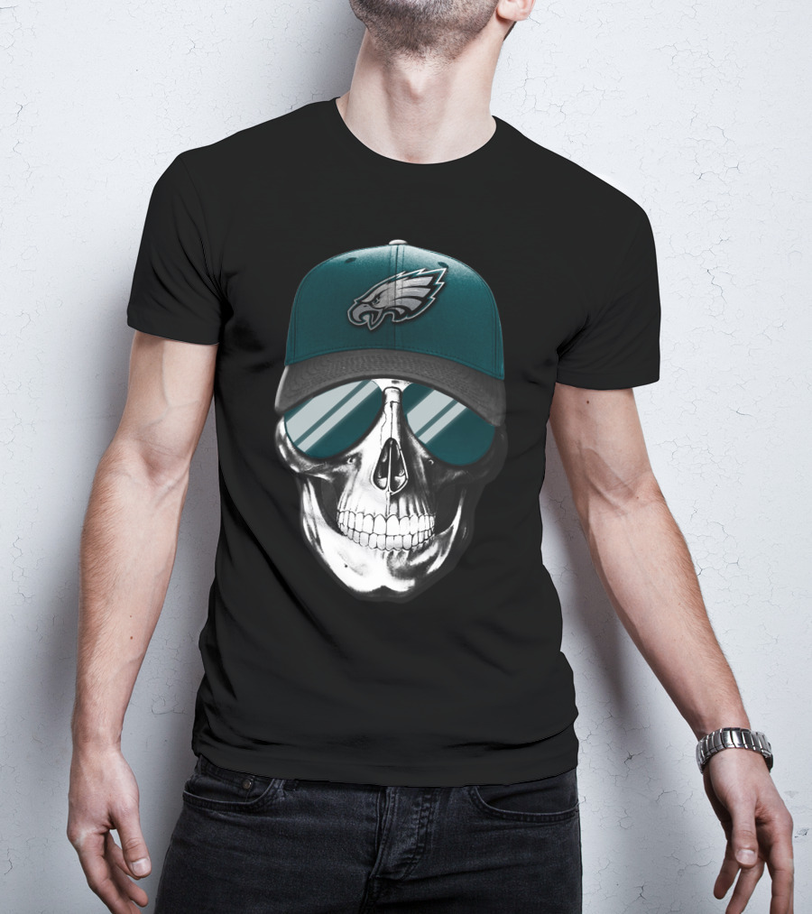 Skull Wearing Philadelphia Eagles Logo Hat And Sunglasses T-Shirt