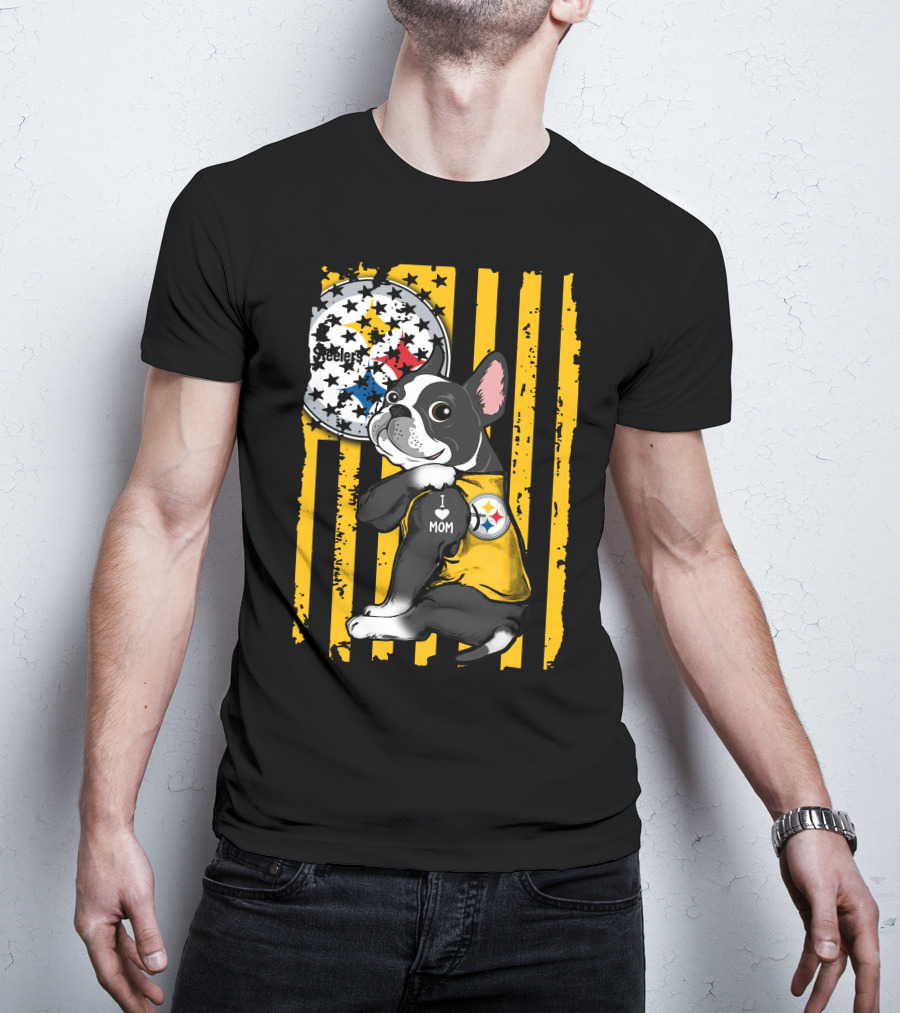 Boston Terrier I Love Mom Pittsburgh Steelers T-Shirt