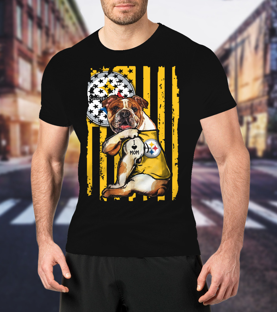 Pittsburgh Steelers Bulldog I Love Mom Stripes T-Shirt