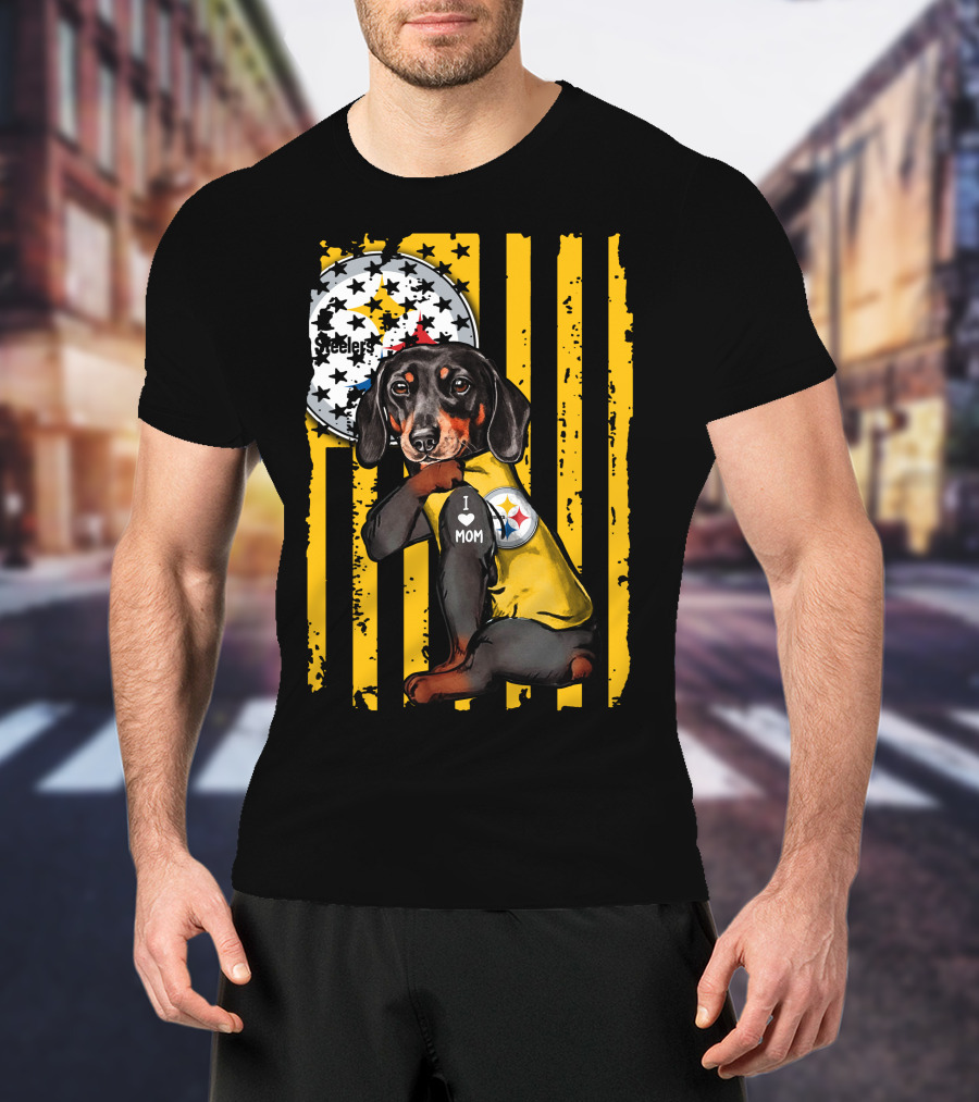 Dachshund Steelers I Love Mom Black And Yellow Football Fan T-Shirt