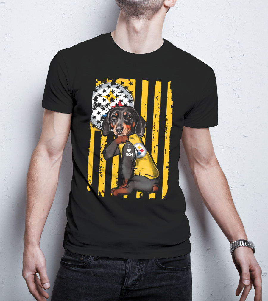 Dachshund Steelers I Love Mom Black And Yellow Football Fan T-Shirt