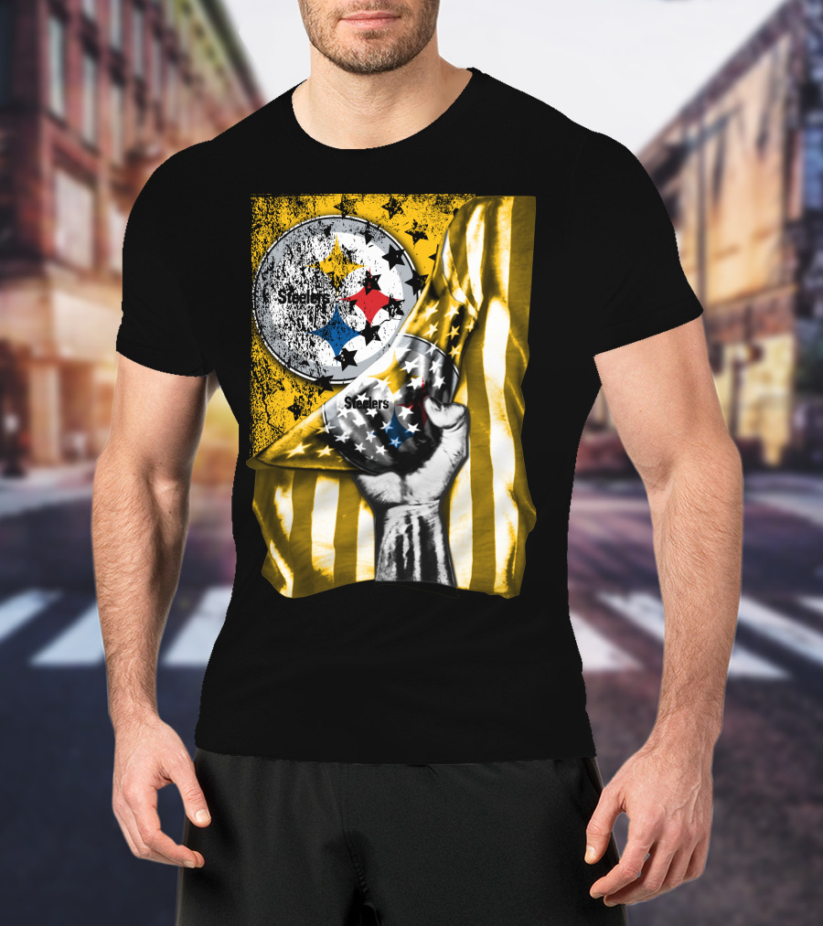 Steelers Logo Hand Yellow And Black Stripes Flag Pittsburgh Steelers T-Shirt