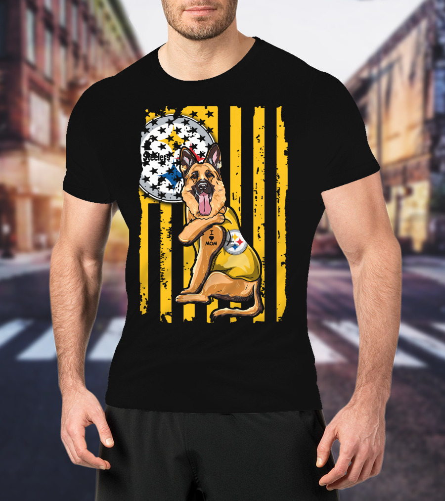 German Shepherd Steelers Fan With I Love Mom Tattoo And Team T-Shirt