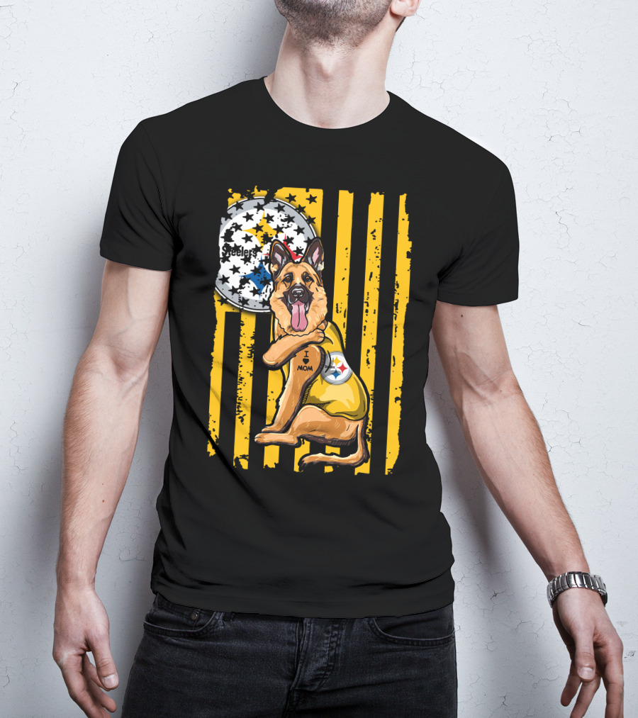 German Shepherd Steelers Fan With I Love Mom Tattoo And Team T-Shirt