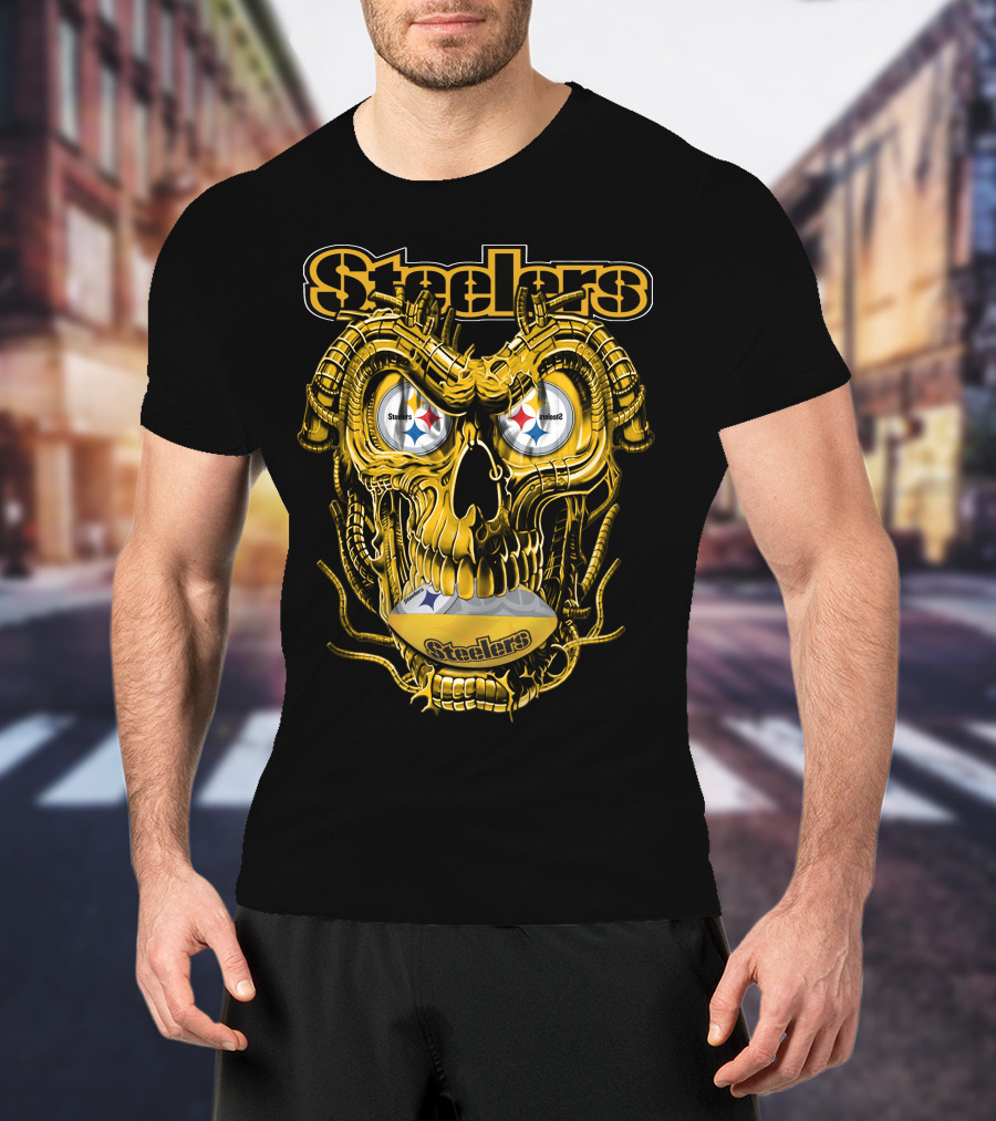 Steelers Dragonskull Yellow Mechanical Skull With Pittsburgh Steelers Logo Eyes T-Shirt