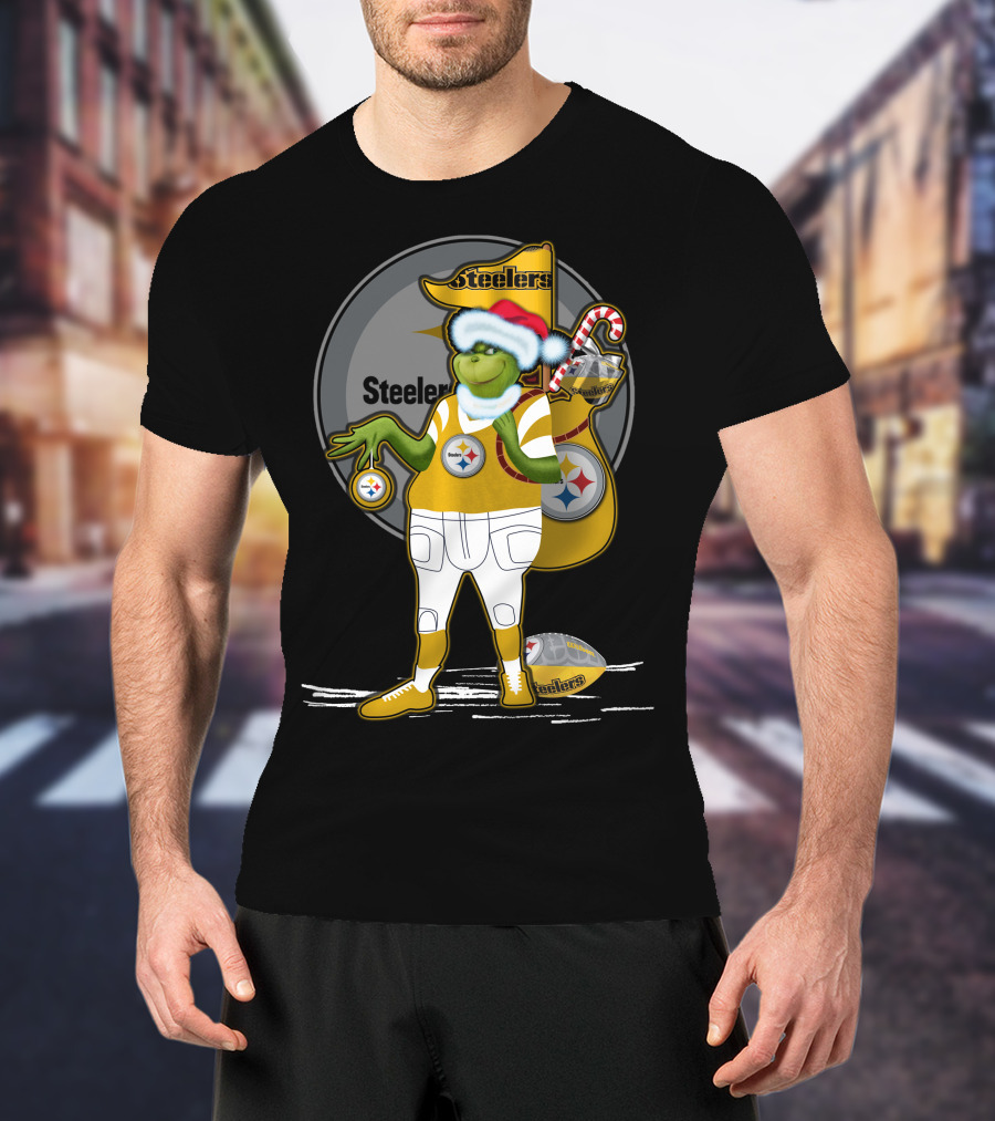 Grinchxmas Pittsburgh Steelers Santa Hat Candy Cane Football Holiday T-Shirt