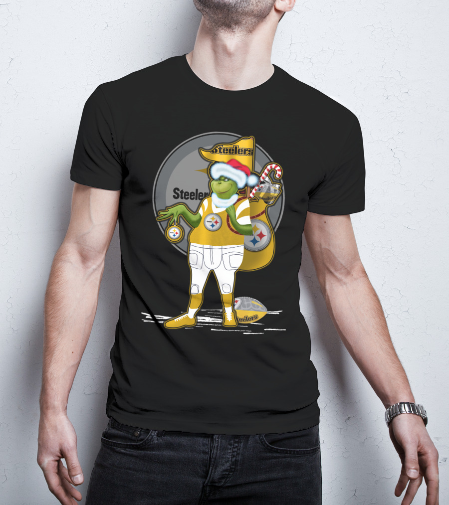 Grinchxmas Pittsburgh Steelers Santa Hat Candy Cane Football Holiday T-Shirt