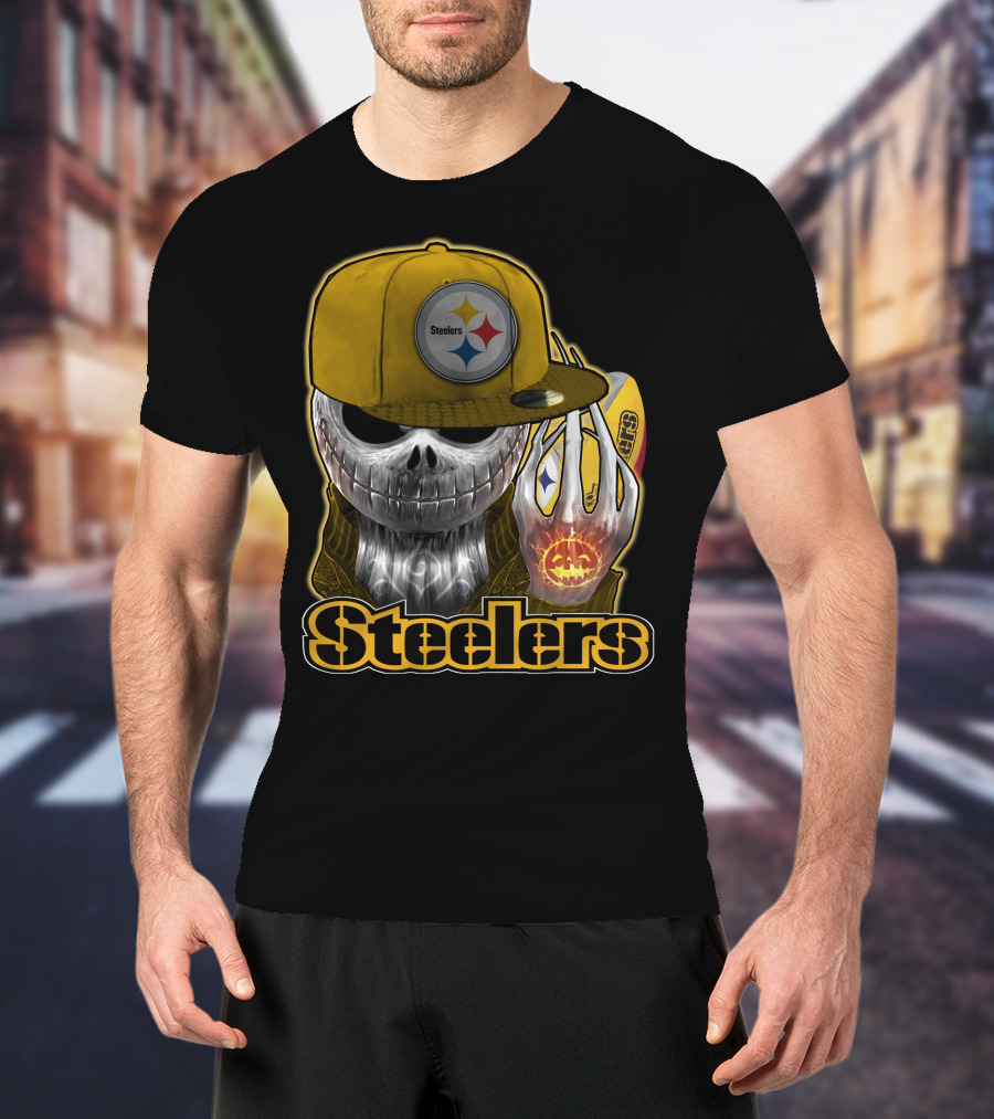 Steelers Skull With Yellow Cap And Pumpkin Hand T-Shirt