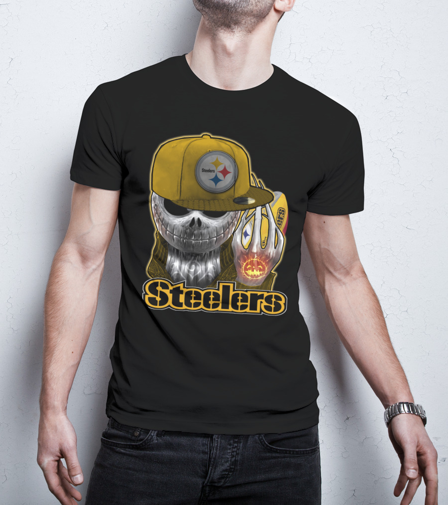 Steelers Skull With Yellow Cap And Pumpkin Hand T-Shirt