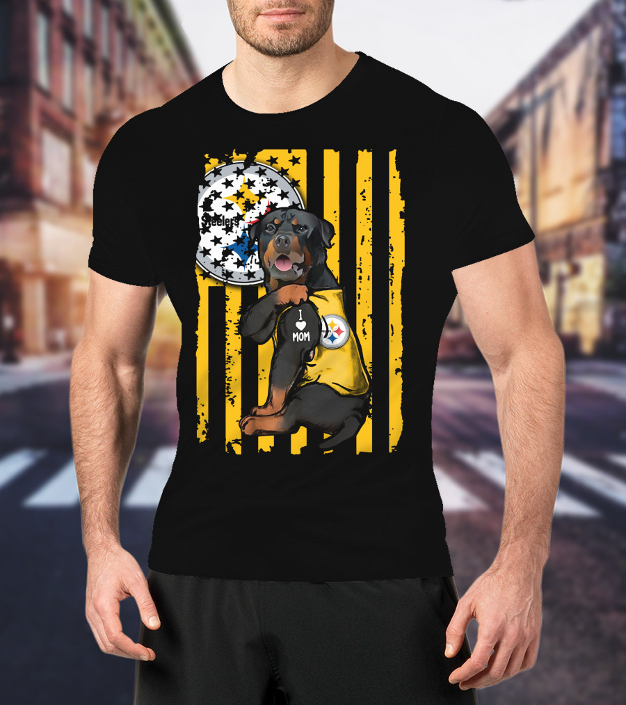 Rottweiler I Love Mom Pittsburgh Steelers Fan Stripes T-Shirt