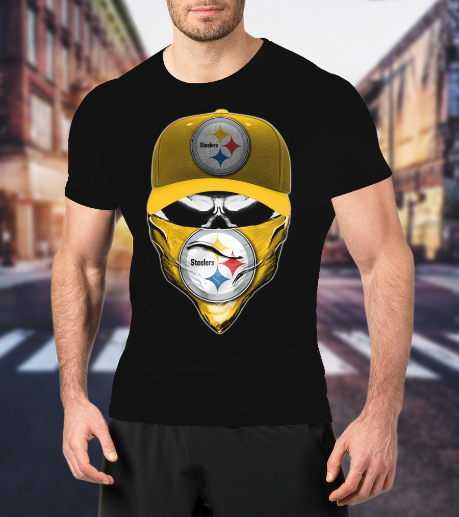 Skull V6 Pittsburgh Steelers Logo With Hat And Bandana T-Shirt