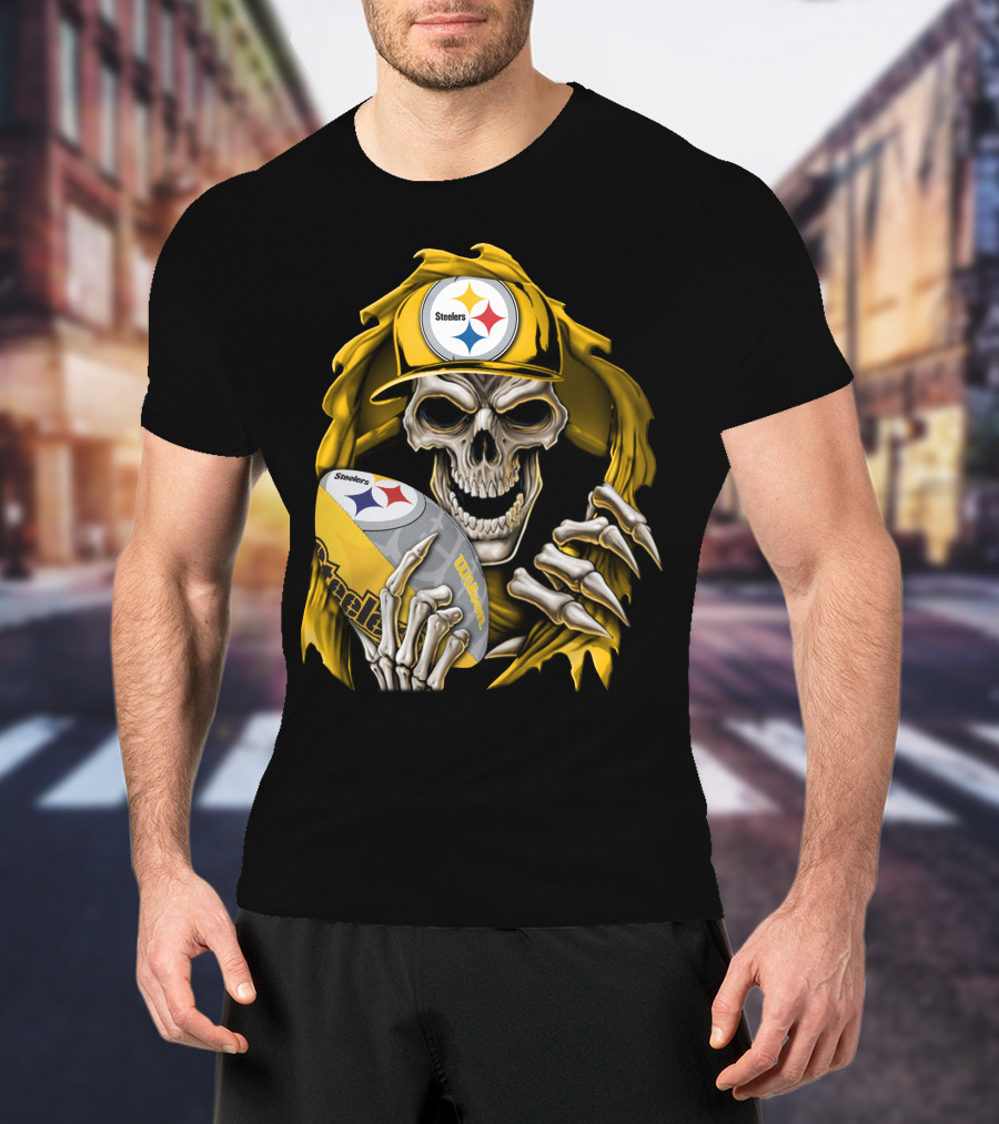 Skullbong Steelers Skeleton With Football And Cap T-Shirt
