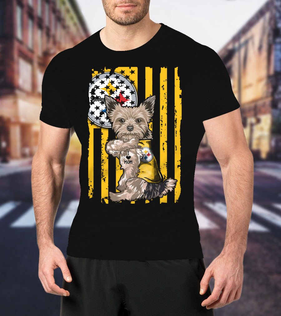 Yorkshire Terrier I Love Mom Pittsburgh Steelers Fan Stripes T-Shirt