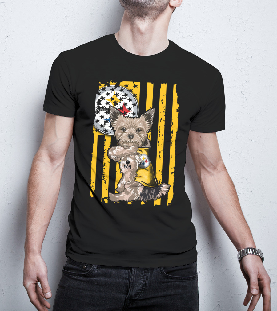 Yorkshire Terrier I Love Mom Pittsburgh Steelers Fan Stripes T-Shirt
