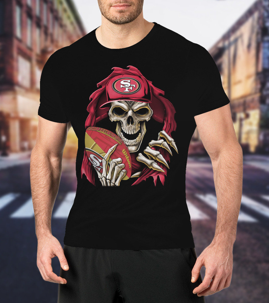 San Francisco 49ers Skull Holding Football With SF Cap T-Shirt