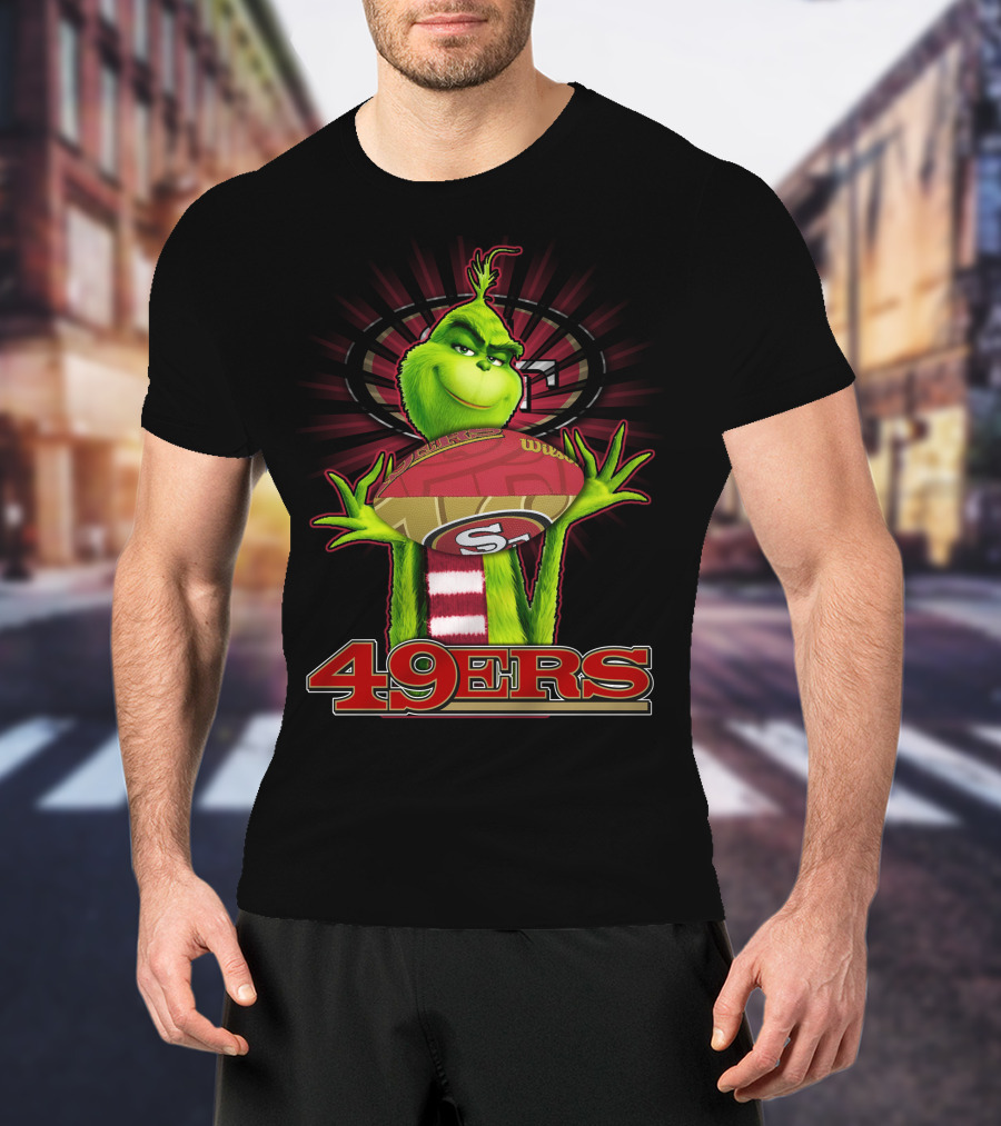 Grinch Holding Football San Francisco 49ers Logo 49ers T-Shirt