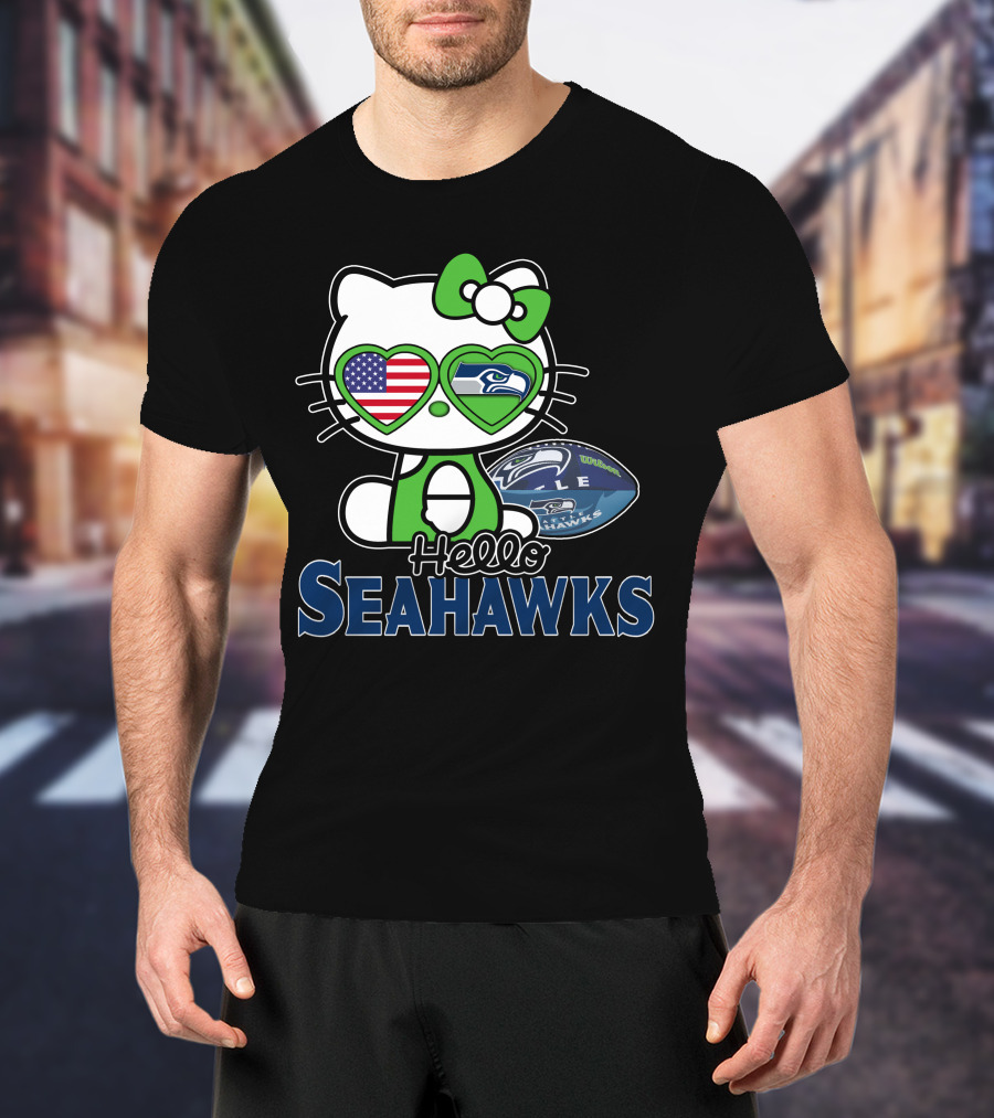 Hello Kitty Seahawks Football Fan USA Heart Glasses T-Shirt