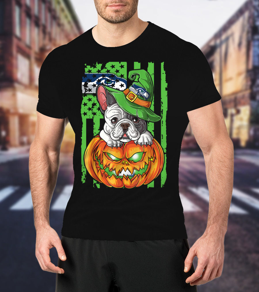 Hlw Bulldog Seattle Seahawks Halloween Pumpkin Wizard Hat T-Shirt