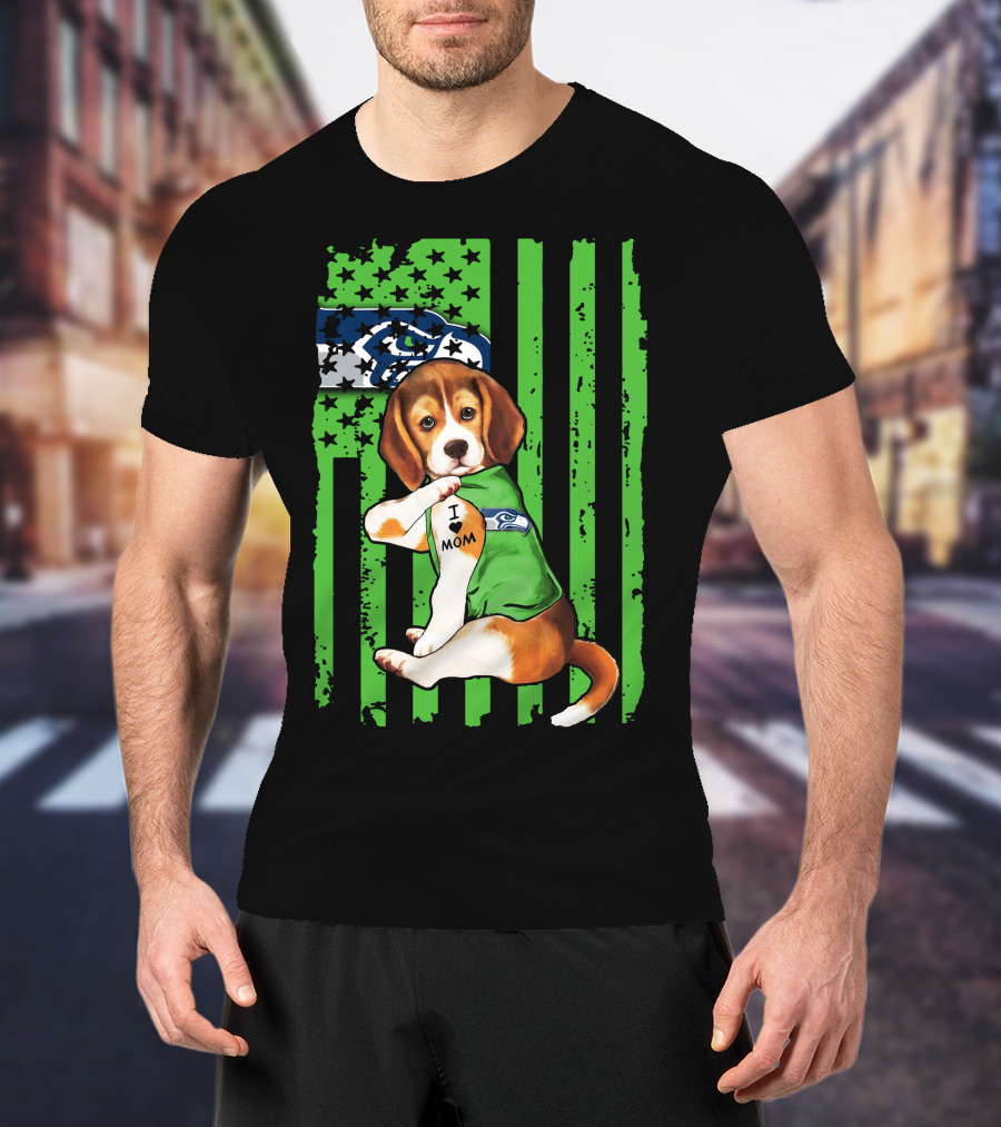 Seattle Seahawks Beagle With I Love Mom Tattoo T-Shirt