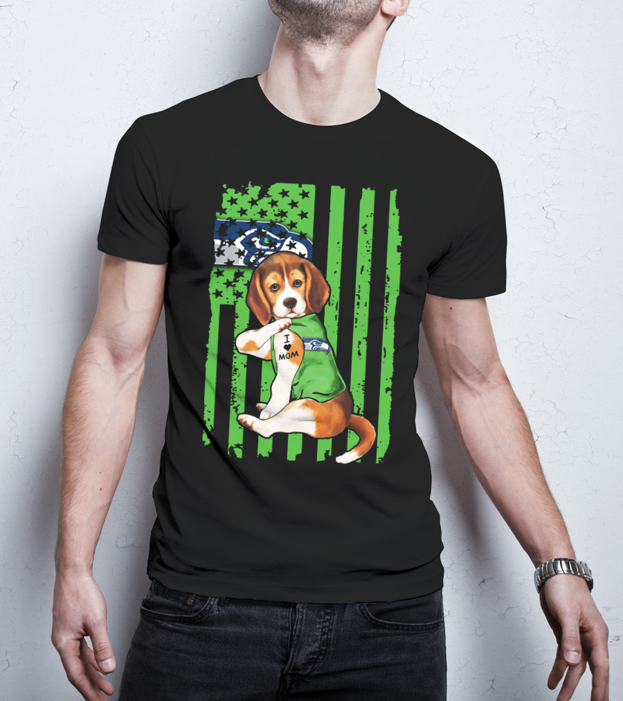 Seattle Seahawks Beagle With I Love Mom Tattoo T-Shirt