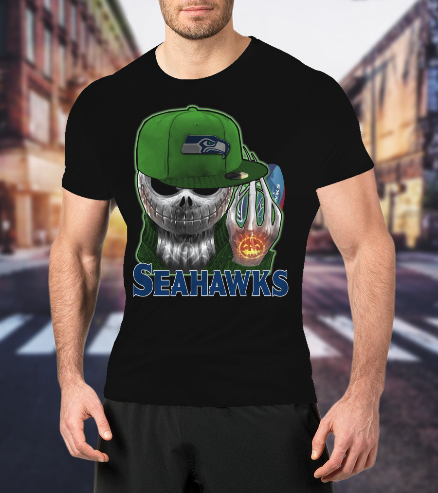Jackskull In Green Cap Holding Pumpkin Seattle Seahawks T-Shirt