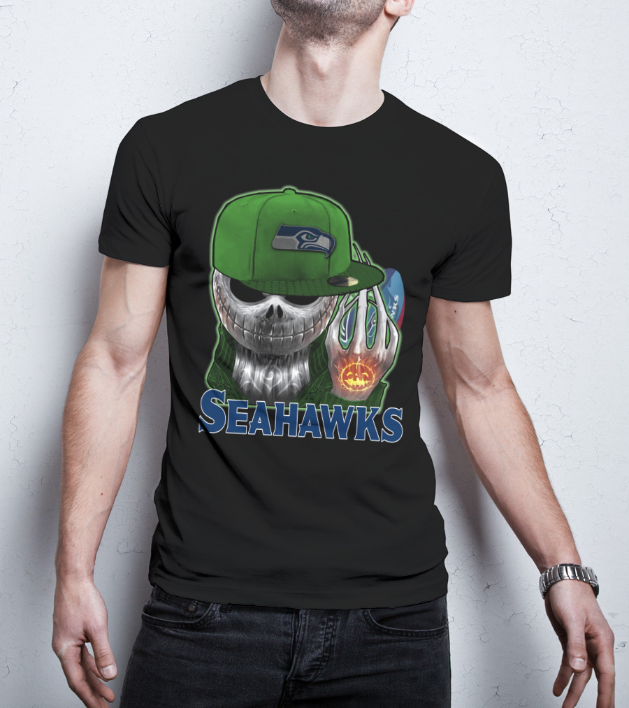 Jackskull In Green Cap Holding Pumpkin Seattle Seahawks T-Shirt
