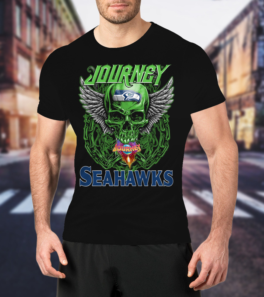 Journey Seattle Seahawks Skull With Wings And Chains T-Shirt