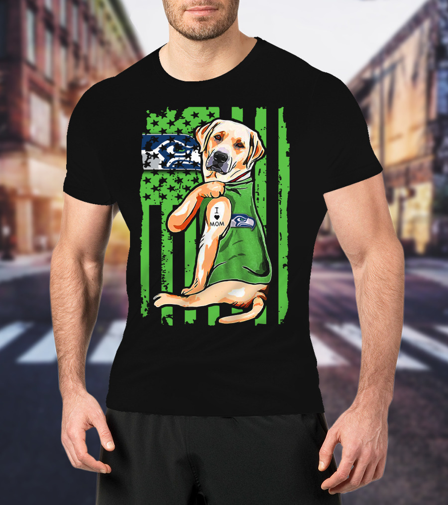 Labrador Retriever Seattle Seahawks Flag I Love Mom Tattoo T-Shirt
