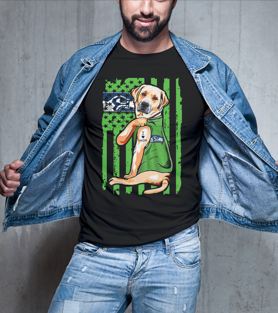 Labrador Retriever Seattle Seahawks Flag I Love Mom Tattoo T-Shirt