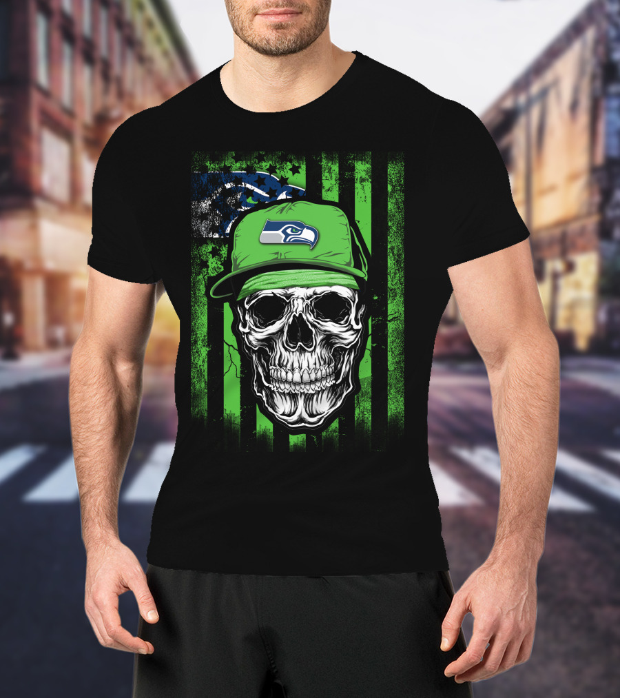 Skull In Seattle Seahawks Cap With Green Stripes And Team T-Shirt