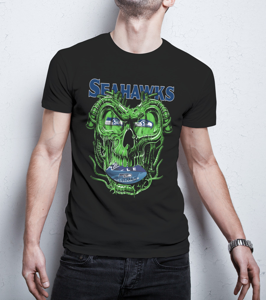Dragonskull Seahawks Green Skull Design With Seattle Seahawks T-Shirt
