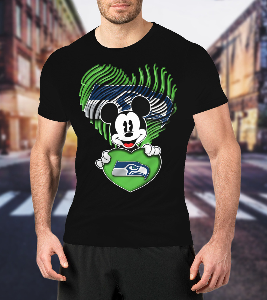 Mickey Mouse Heart Green With Seattle Seahawks T-Shirt