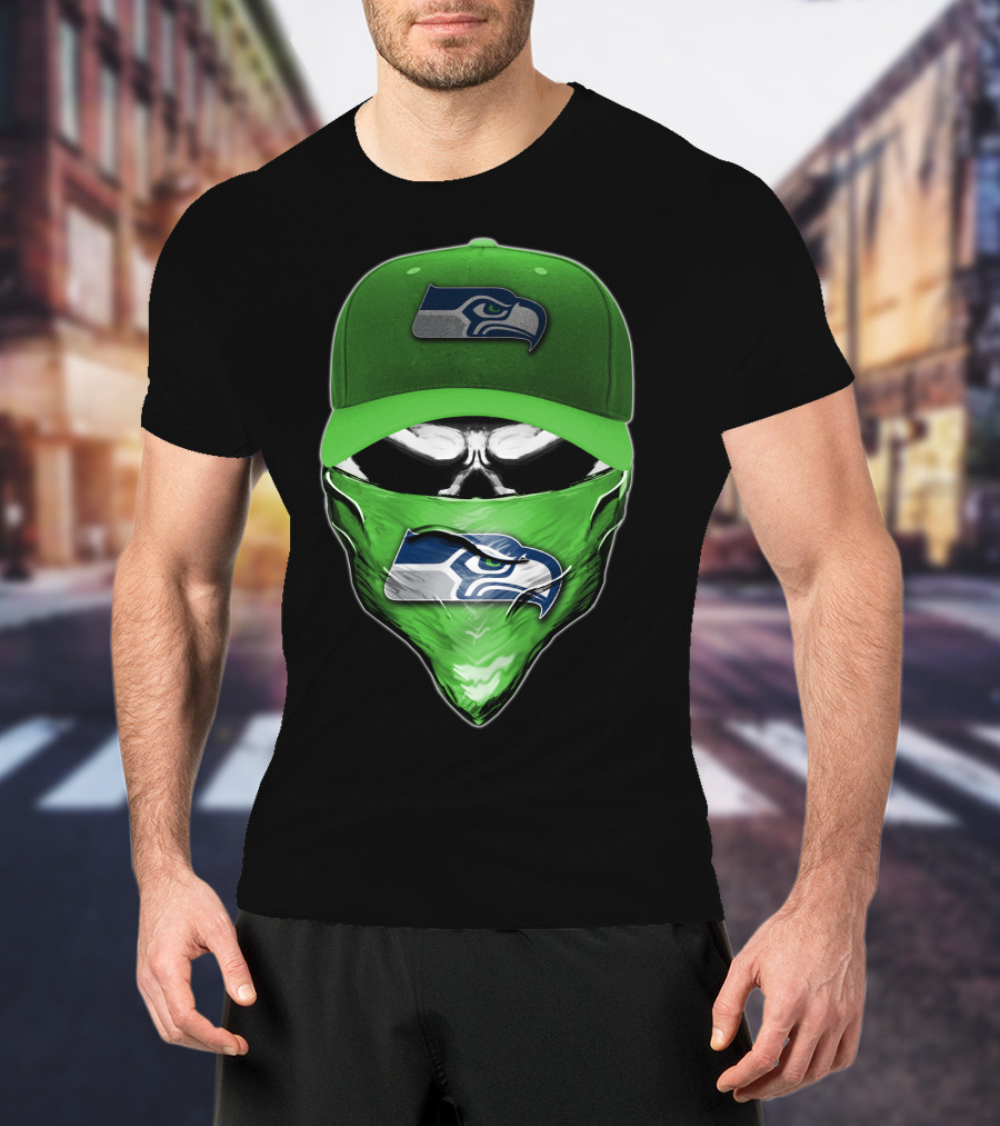 Skull V6 Seattle Seahawks Logo On Green Cap And Bandana T-Shirt
