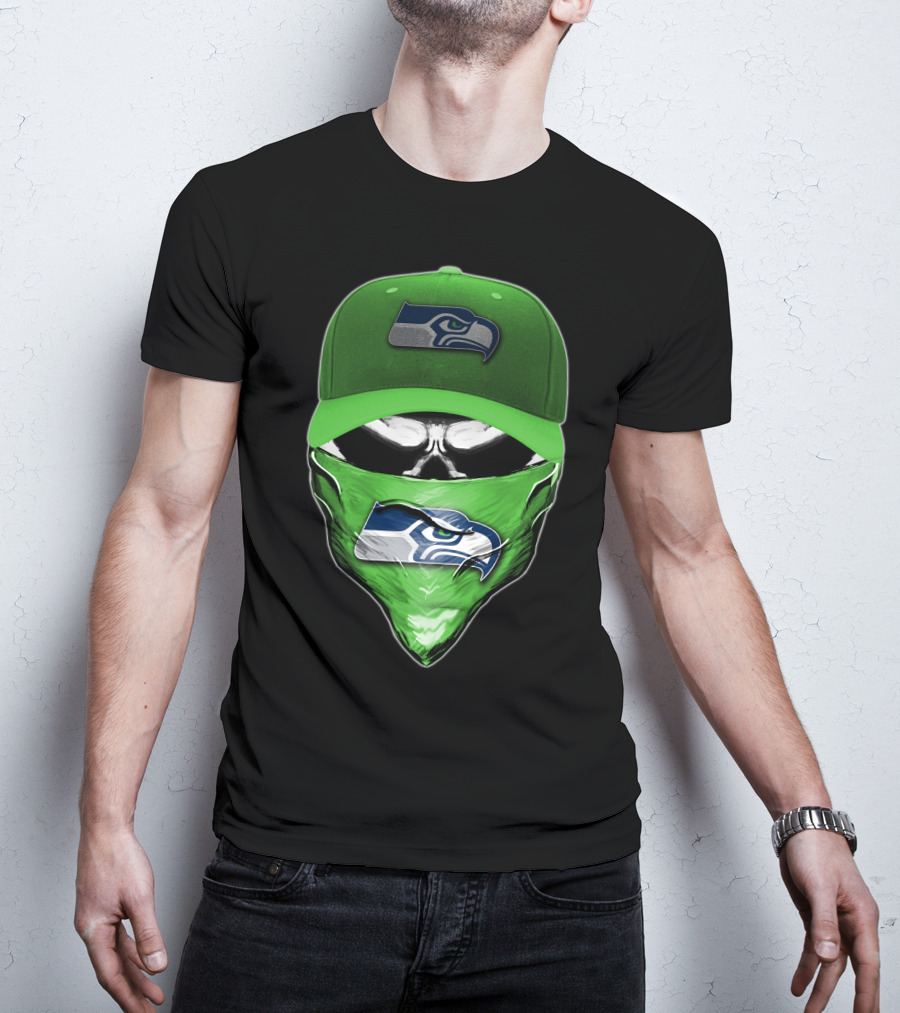 Skull V6 Seattle Seahawks Logo On Green Cap And Bandana T-Shirt