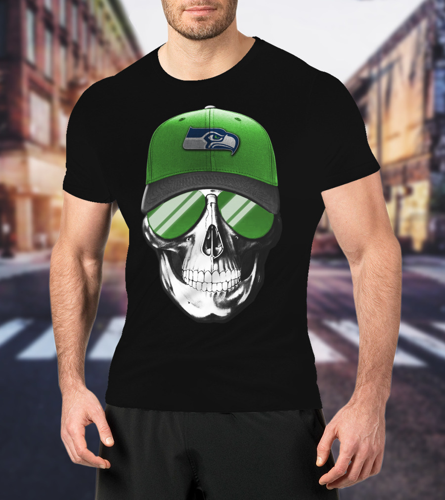 Skull V7 Seattle Seahawks Green Hat And Sunglasses T-Shirt